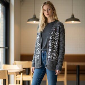 Fair Isle Nordic Cardigan Hollister Gray Button Front Cozy Sweater XS